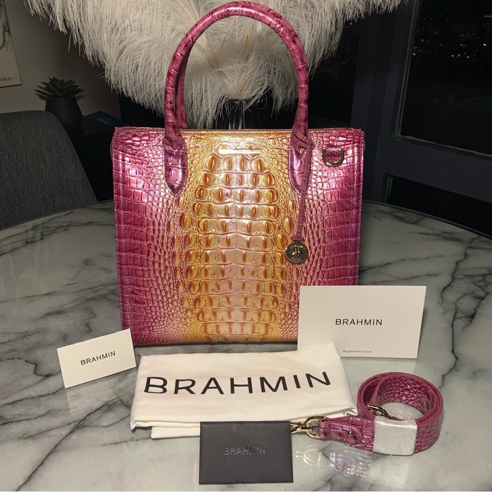 BRAHMIN Caroline Grapefruit Ombre Melbourne Genuine Croc Embossed Leather NWT